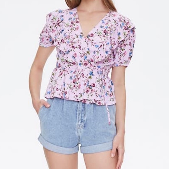 Forever 21 Purple Ruffled Floral Wrap Top - Picture 3 of 10
